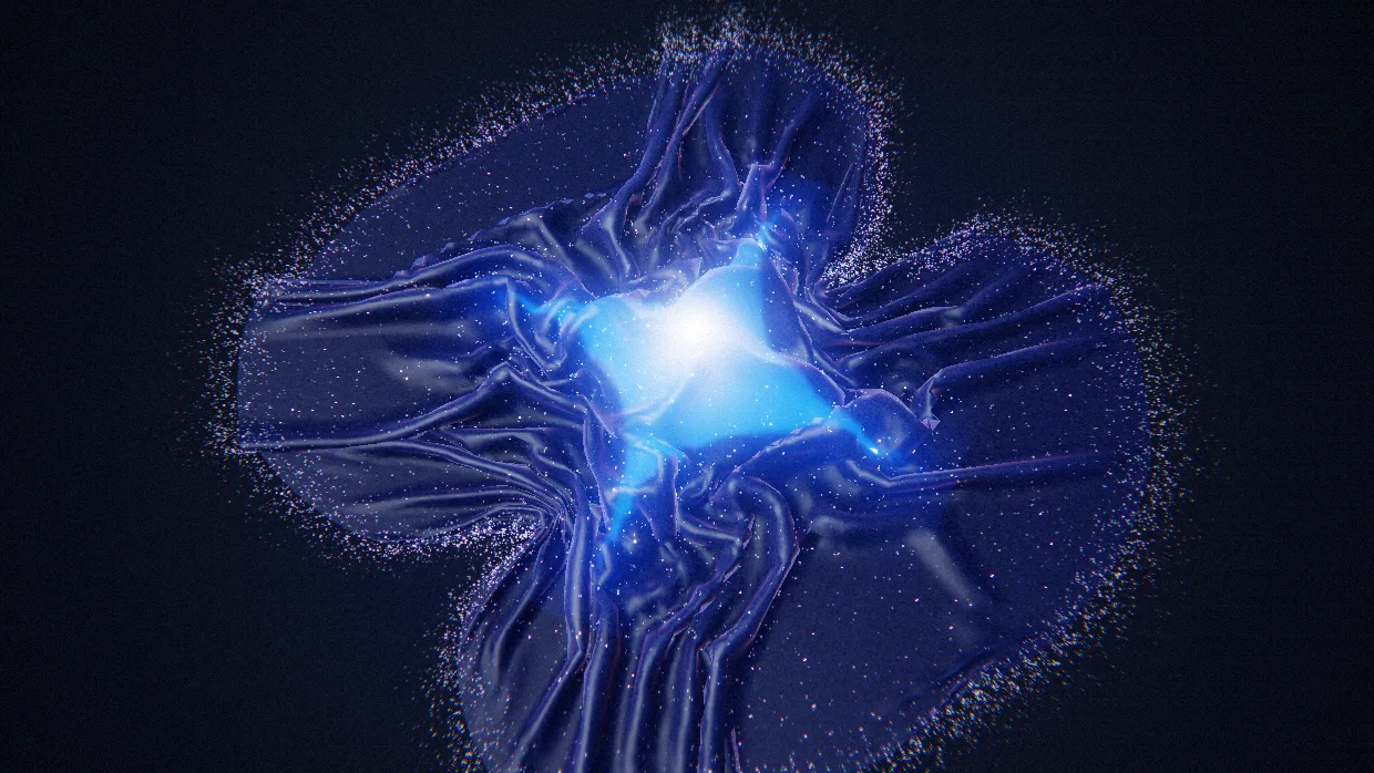 A sheet of sparkling fabric draped over the glowing Appel star, its edges fraying into points of light.